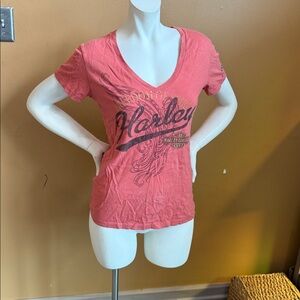 Ladies Harley Davidson, V-neck plunge, sexy, pink graphic tee, medium